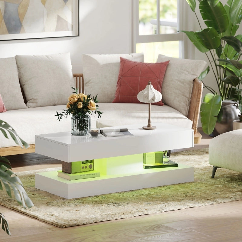 TAVOLO da salotto 120x50x42 cm bianco lucido con LED e 2 cassetti