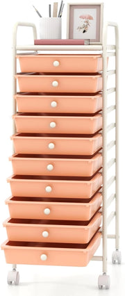 Carrello con 10 cassetti impilabili, carrello per cassetti, carrello da cucina con ruote bloccabili, carrello portaoggetti, carrello in metallo, per cucina, ufficio (arancione chiaro)
