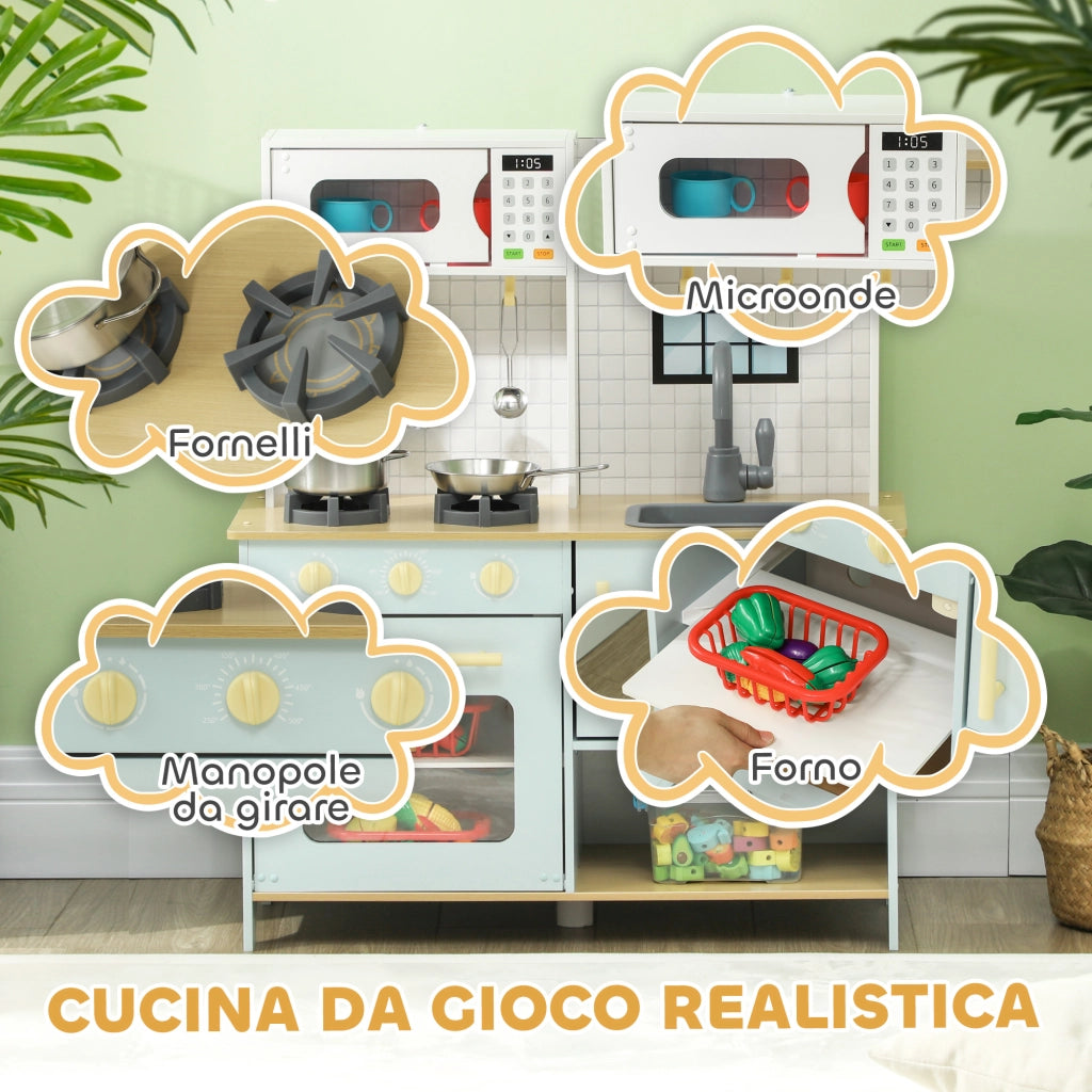 Cucina Giocattolo per Bambini con Fornelli e Armadietti ¨C zephmum ¨C Acciaio, Legno, PP, 72x33x85.2 cm, Blu e Bianco