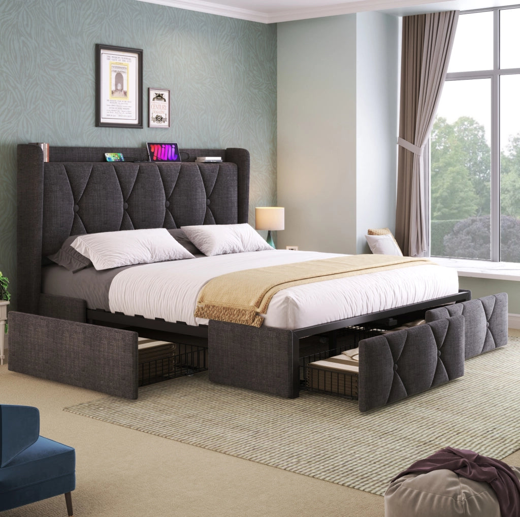 Letto matrimoniale imbottito 160x200 cm grigio con 4 cassetti e USB