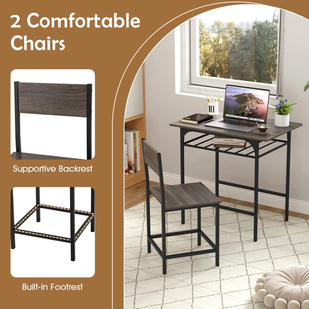 Set da pranzo 3 pezzi, tavolo da pranzo con ripiano per bottiglie e 2 sedie con schienale, design compatto, stile industriale, tavolo da colazione per 2 persone (grigio)
