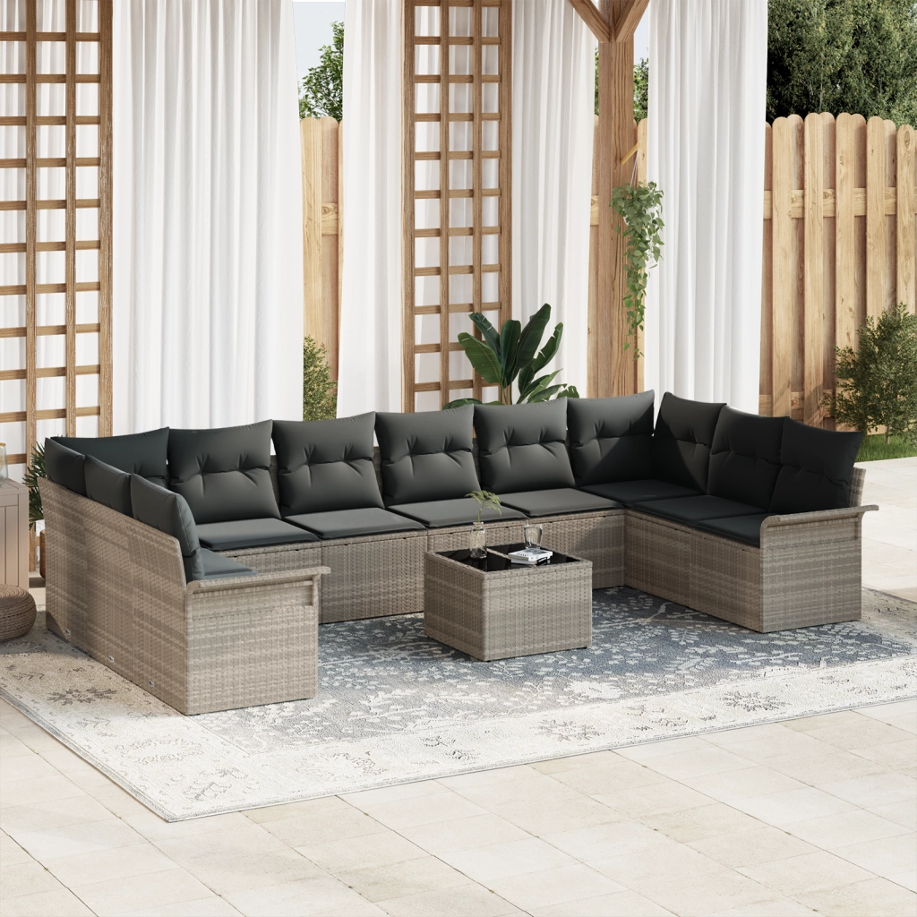Set di Divano da Giardino da 11 Pezzi con Cuscini Grigio Rattan Polimerico