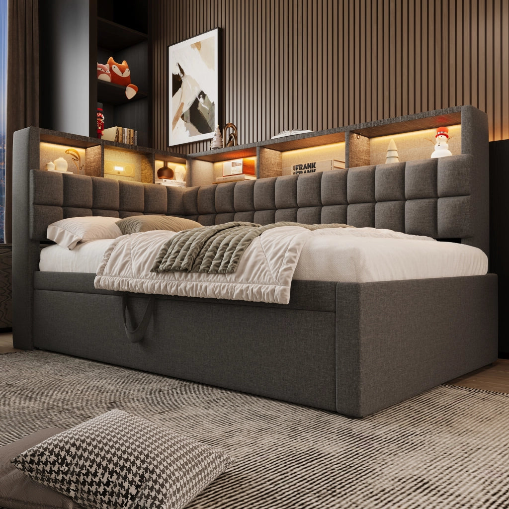 DESMIU Divano letto 90 × 200 cm 1 posto con letto estraibile, LED, USB e Type-C, senza materasso, grigio