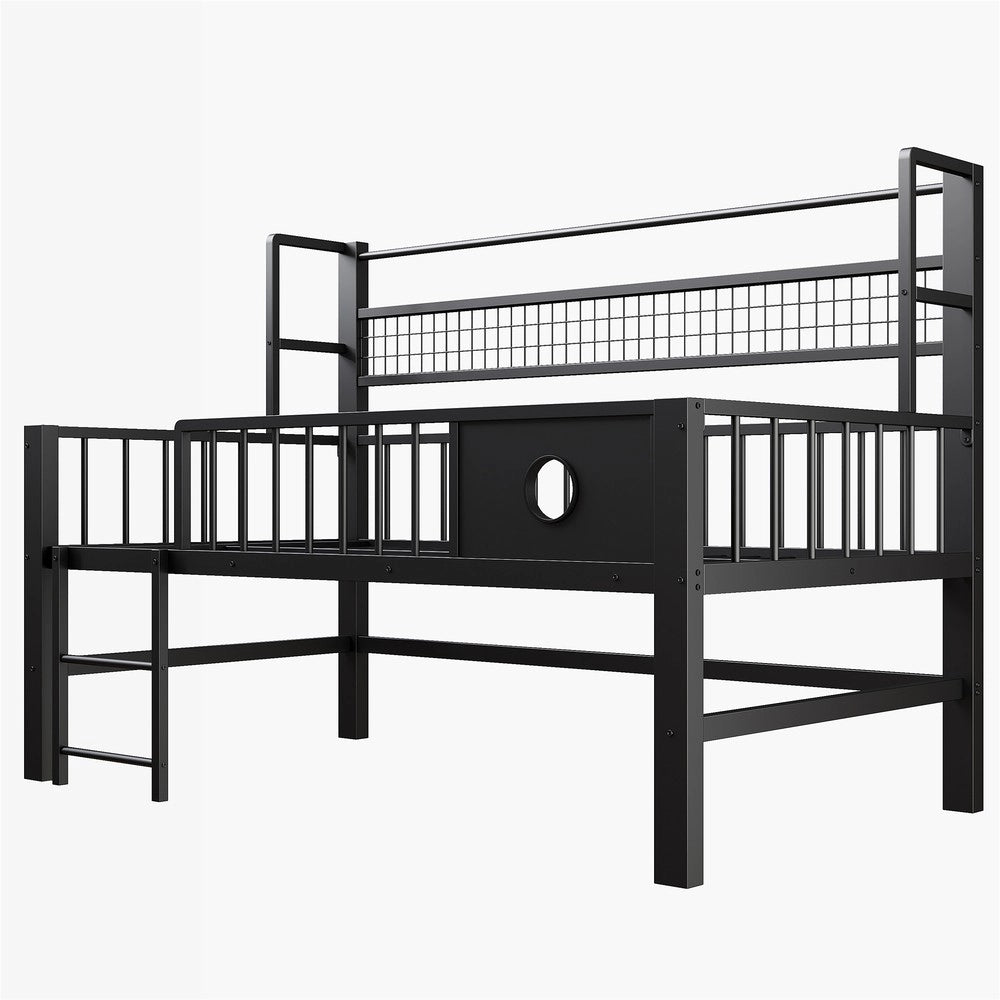 Letto a Soppalco Basso per Bambini ¨C Xylo ¨C Metallo Nero con Ripiani, 90x200