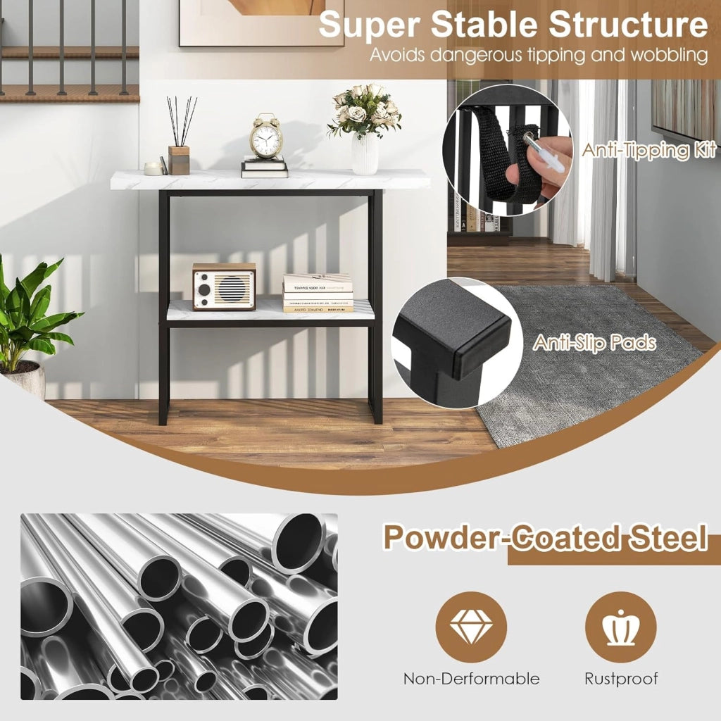 Tavolo Console da ingresso, 120 x 29,5 x 92,5 cm, piano in finto marmo e telaio in metallo, tavolino ausiliario con 2 ripiani, risparmio di spazio, tavolo da soggiorno, corridoio (bianco+nero)
