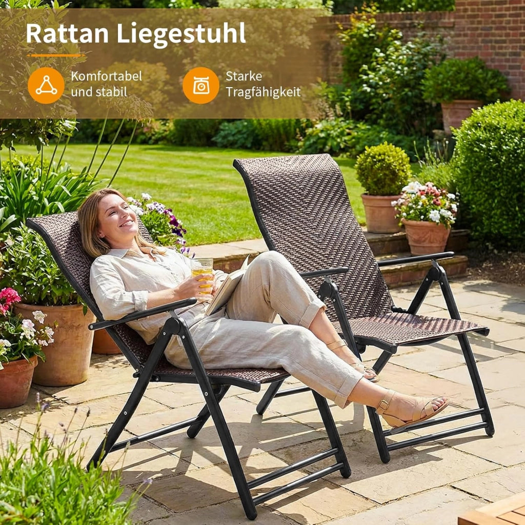 2 sedie a sdraio in rattan, con schienale regolabile in 7 posizioni, sedie pieghevoli resistenti alle intemperie, traspiranti, per balcone, giardino e terrazza