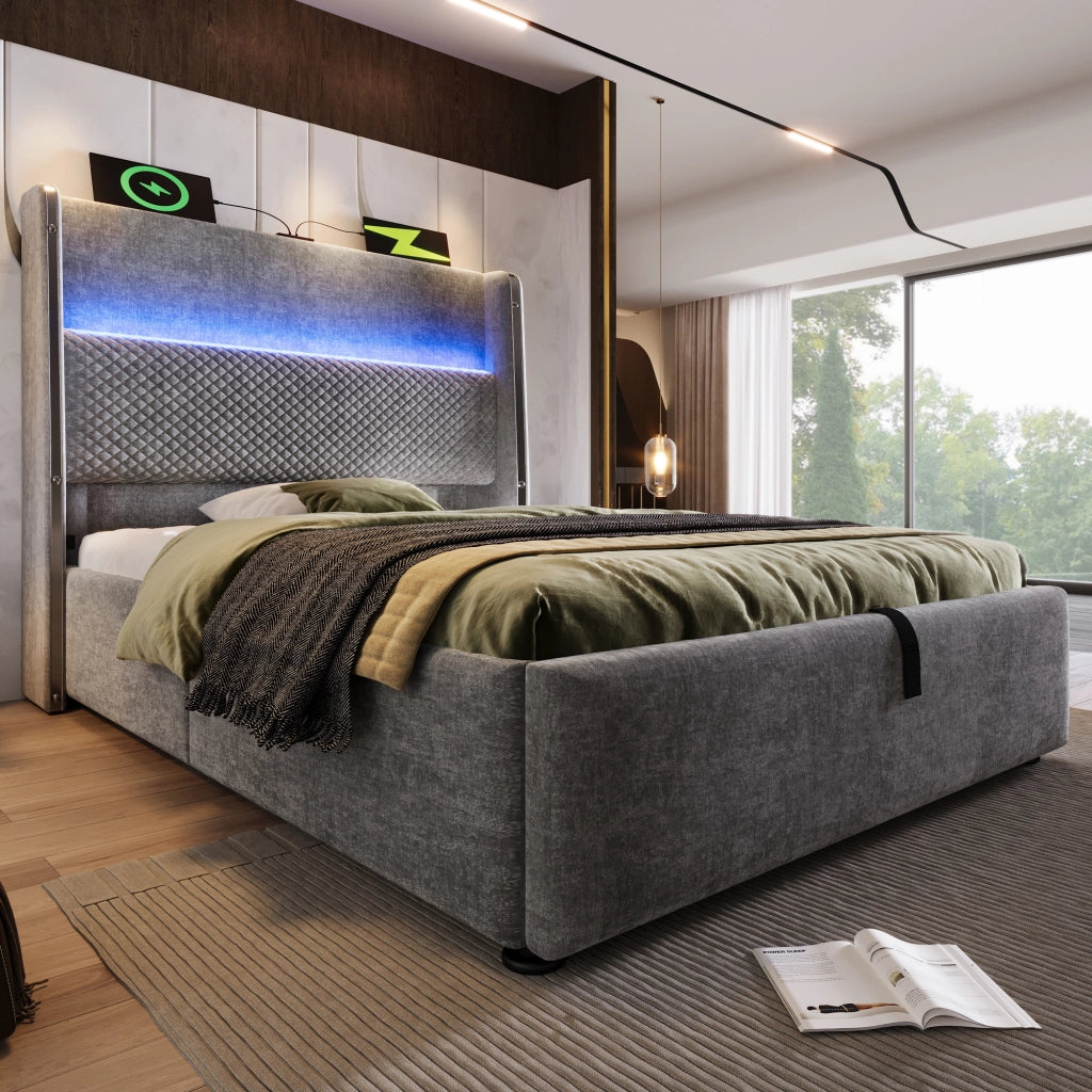 Letto singolo 90x200 cm con testiera alta, LED, presa USB/Type-C, contenitore idraulico e materasso incluso, effetto lino grigio