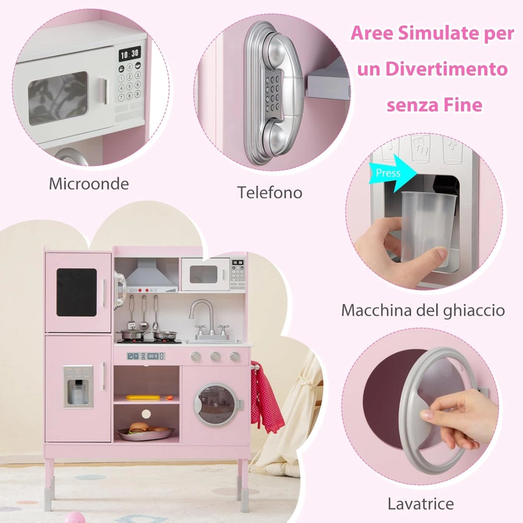 Cucina Giocattolo per Bambini, Cucina Legno per Bambini con Macchina del Ghiaccio, Telefono, Lavatrice, Microonde, Altezza Regolabile, Funzione Luci e Suoni, per 3+ Anni (Rosa)