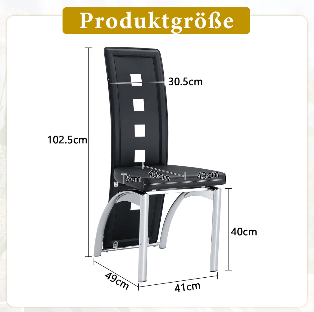 Set 2 sedie da pranzo moderne con schienale traforato; PU nero e metallo argentato; 102;5 cm