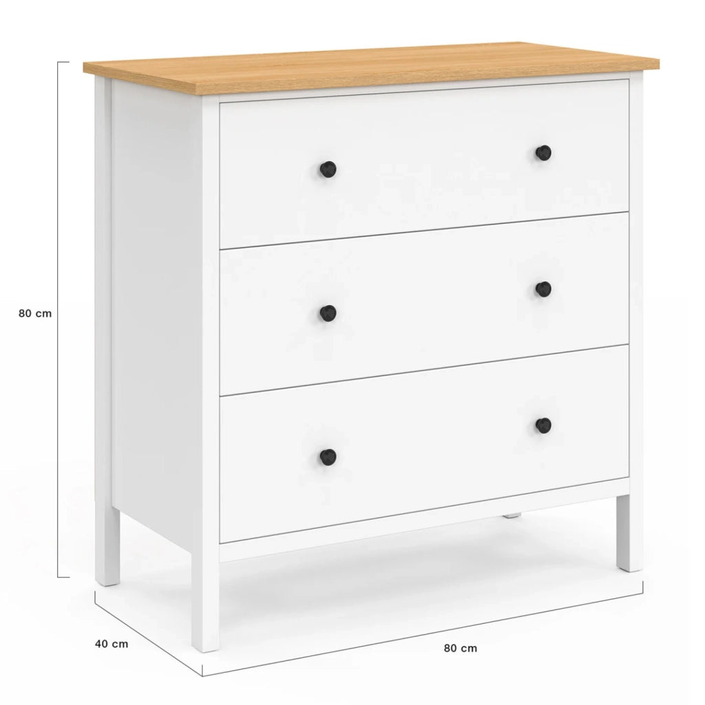 IDMarket - ACHILLE Cassettone a 3 cassetti 80 cm piano in legno bianco