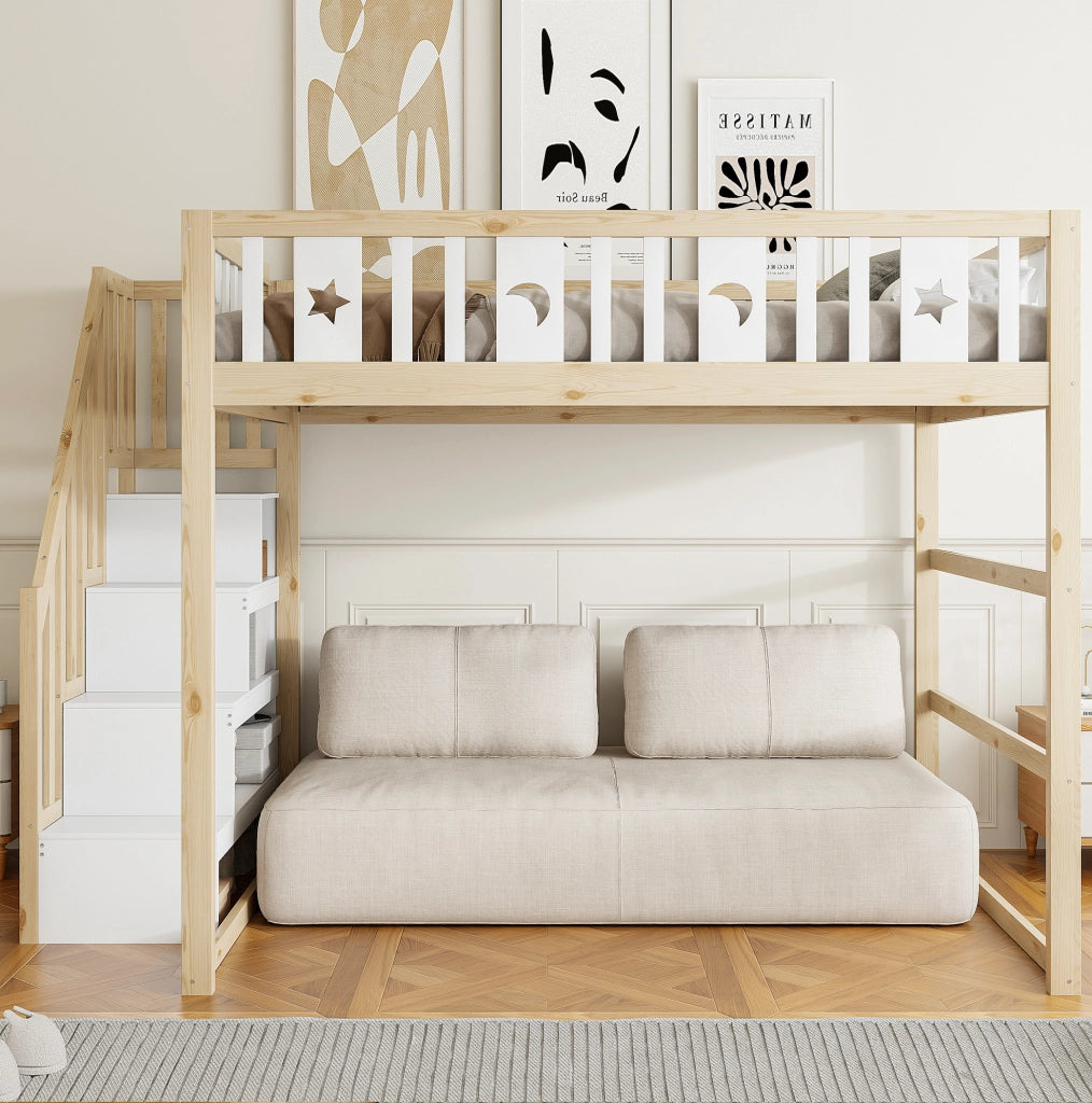 Letto a soppalco per bambini 140x200 cm con scala; ripiani e area divano; bianco e naturale