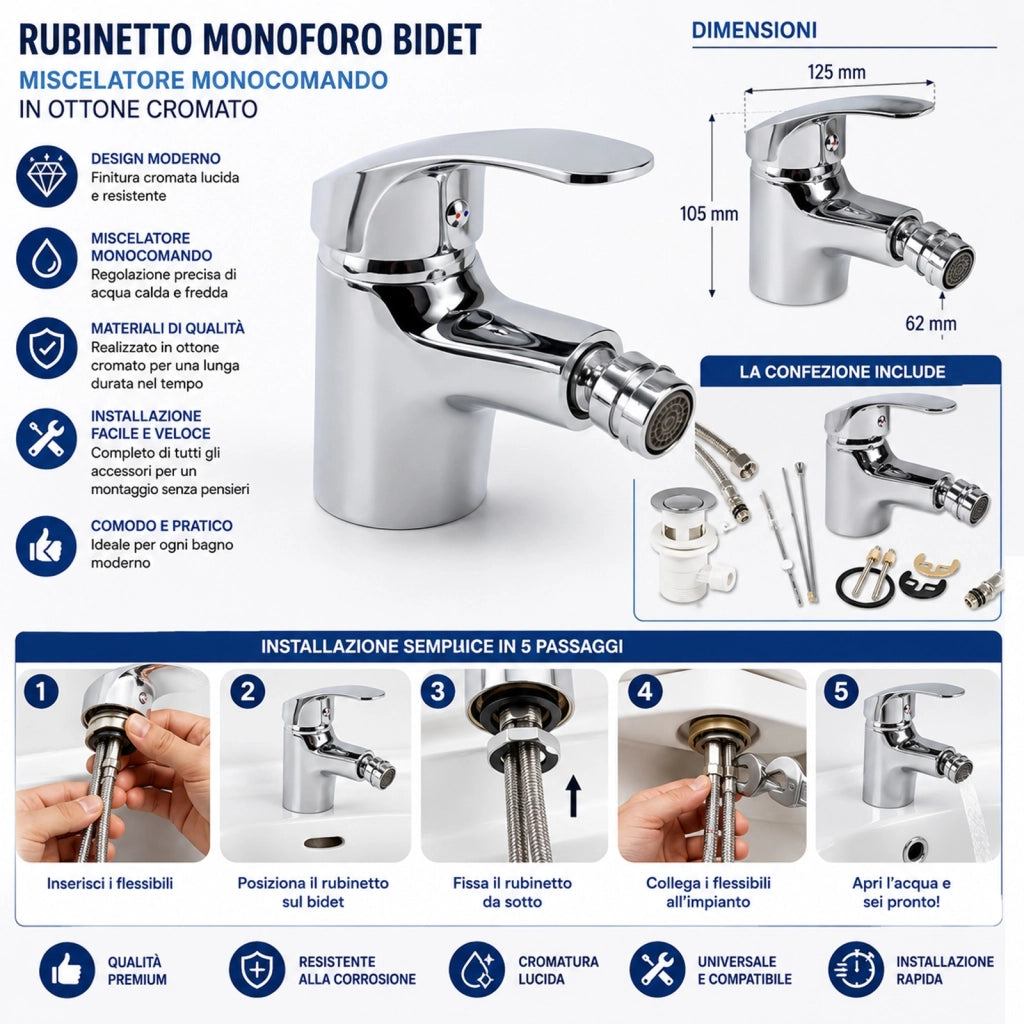 Rubinetto monoforo bidet miscelatore monocomando da bagno ottone cromato 52330A