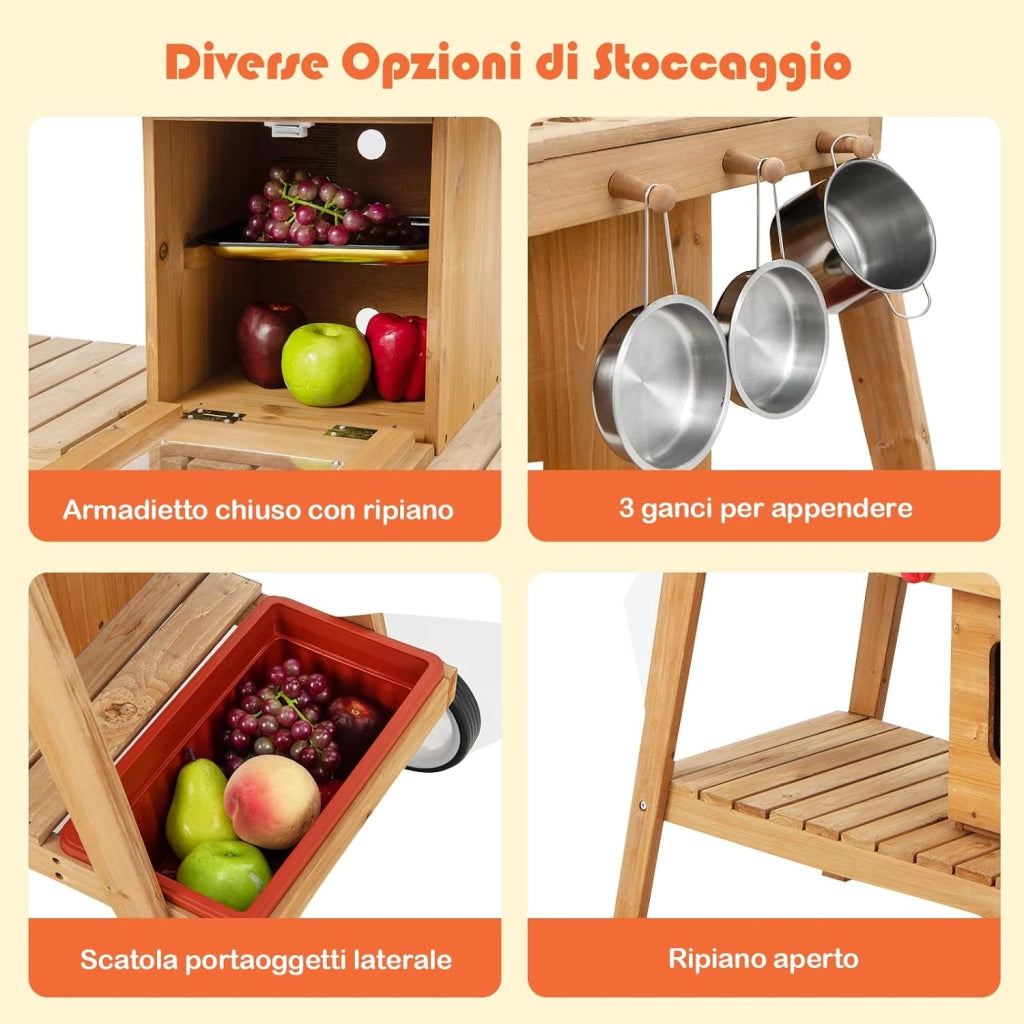 Cucina Giocattolo per Bambini, Cucina da Esterno in Legno con Ombrellone Antisolare e Ruote, Carretto con Stufa, Forno a Legna Simulato, Lavello e Utensili da Cucina, 3 Anni+ (Bianco)