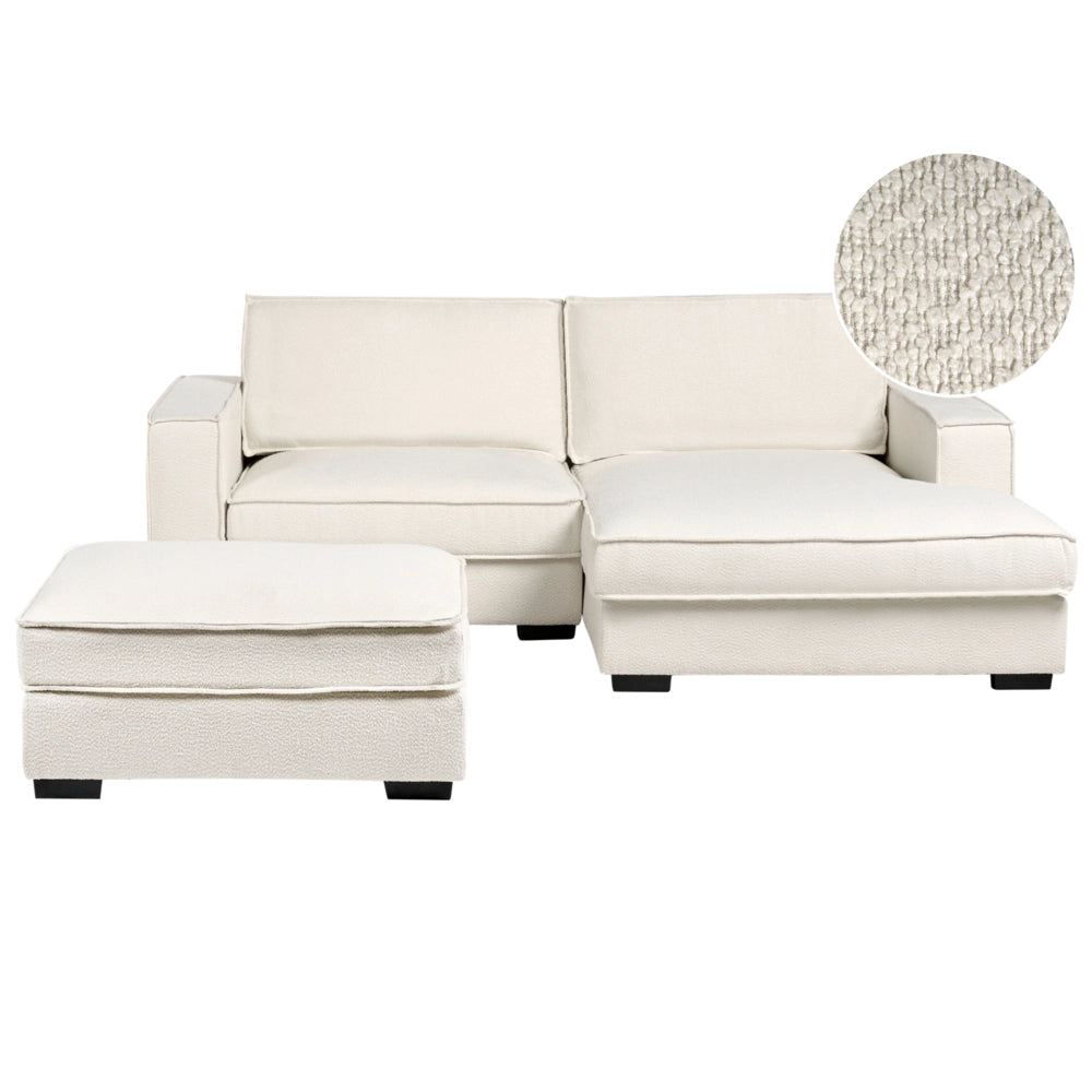 Divano angolare lato sinistro in bouclé con ottomana Schienale imbottito in poliestere con cuscini Beige chiaro stile moderno