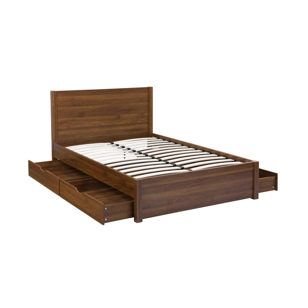 Letto con rete a doghe e testiera 140x190cm + 4 cassetti, noce