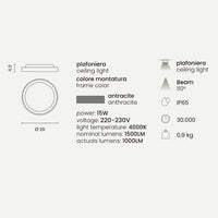 PLAFONIERA DA SOFFITTO/PARETE PER ESTERNO LED 15W 4000K 1500LM ANTRACITE AIDI