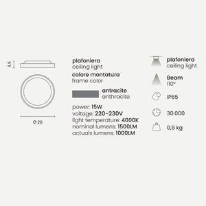 PLAFONIERA DA SOFFITTO/PARETE PER ESTERNO LED 15W 4000K 1500LM ANTRACITE AIDI