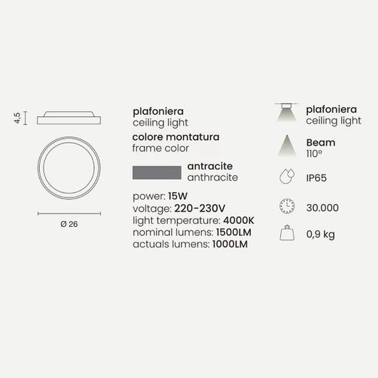 PLAFONIERA DA SOFFITTO/PARETE PER ESTERNO LED 15W 4000K 1500LM ANTRACITE AIDI