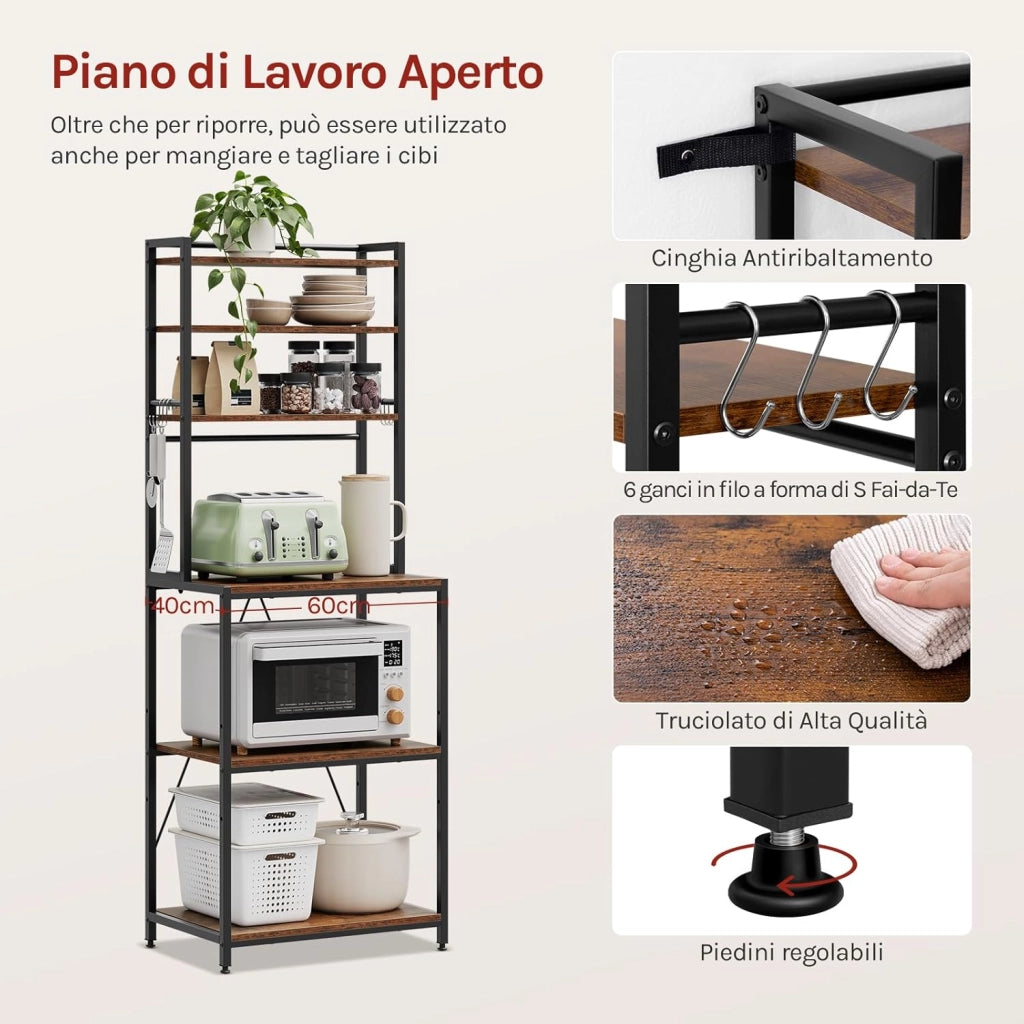 Scaffale da Cucina con 6 Ripiani, Scaffale per Microonde con 6 Ganci, Struttura in Metallo, Legno Ingegnerizzato, 60x40x167cm, Marrone Rustico+Nero