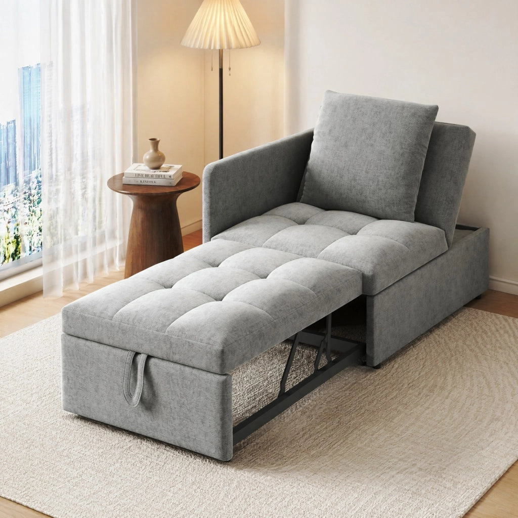 Divano letto 3 in 1 177x68 cm in lino grigio con schienale regolabile