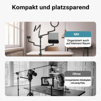 Supporto da tavolo 4in1 con 1 asta per microfono + 3 bracci articolati per accessori, con morsetto e ring light a 3 modalità, staffa per fotocamera per dirette e live