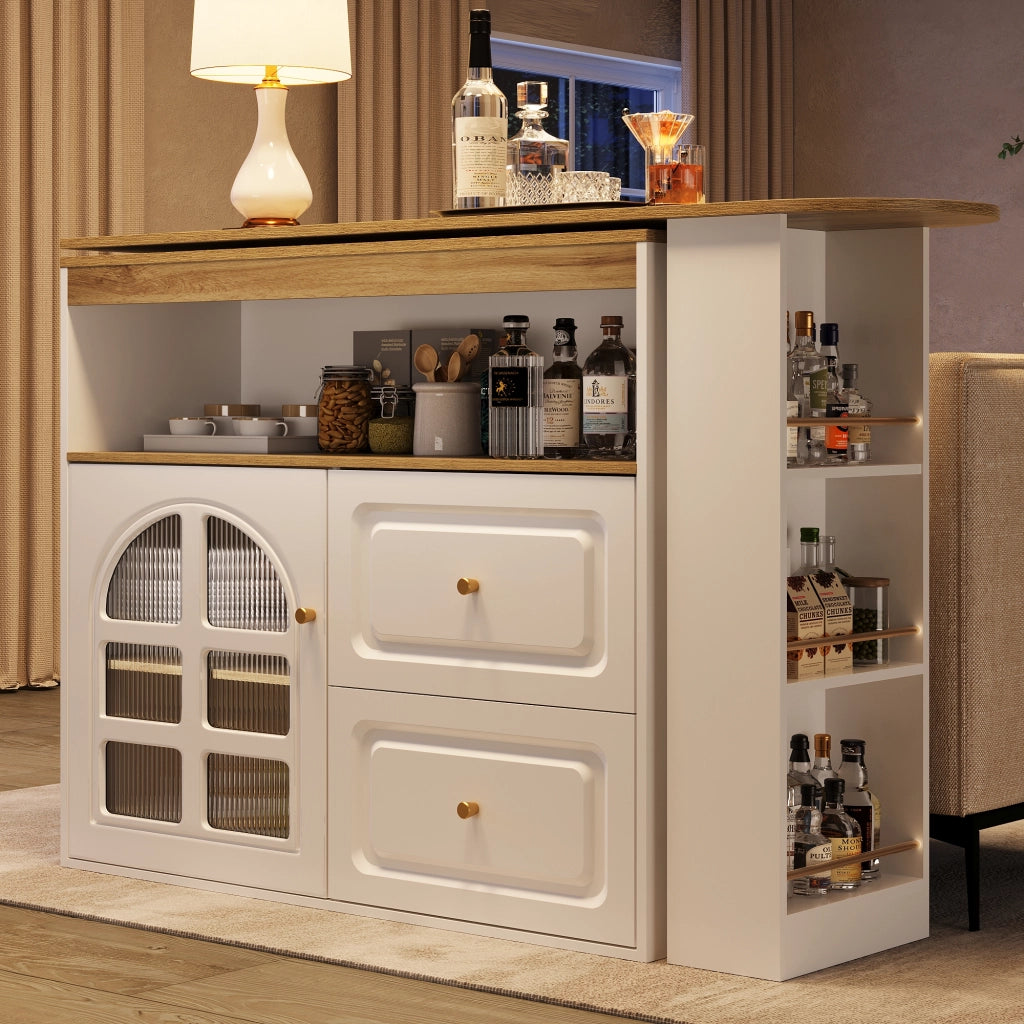 Mobile Bar Girevole con 2 Cassetti; Ripiani e Anta in Vetro Curvo; in MDF; Bianco; 138-204 x 39 x 104 cm