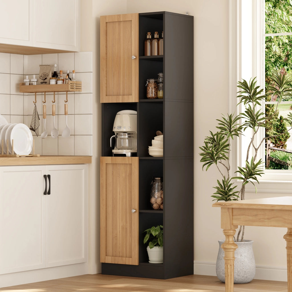 Armadio angolare alto da cucina con 6 ripiani aperti, 2 ante e ripiani regolabili 50x35,5x170 cm nero/naturale