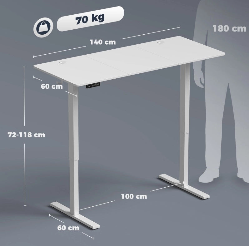 Scrivania regolabile in altezza con memoria, doppio passacavi e display LED, 140x60 cm, bianca