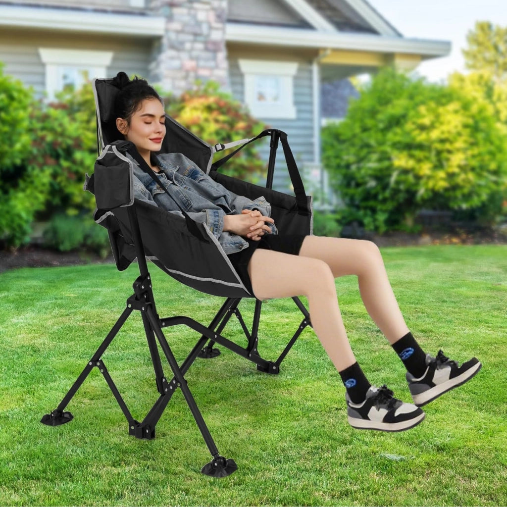 Sedia da Campeggio Amaca, Sedia a Dondolo Pieghevole con Portabicchieri, Schienale Regolabile, Poggiatesta, Sedile a Dondolo per Giardino, Patio, Prato, Portata 150 kg (Nero)