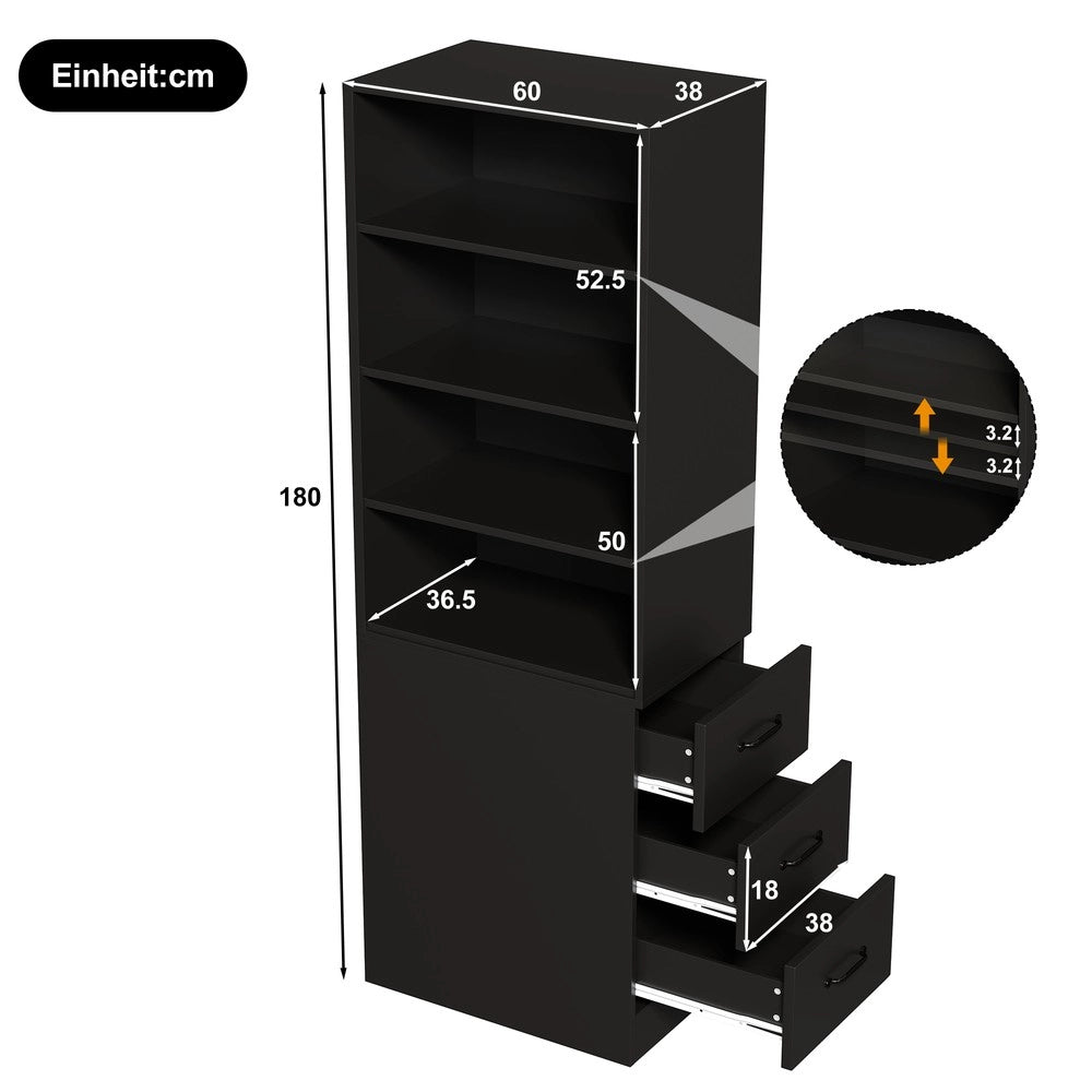 Scaffale per libri alto 180 cm - Zephmum - Stretto, cassetti laterali, ripiani regolabili