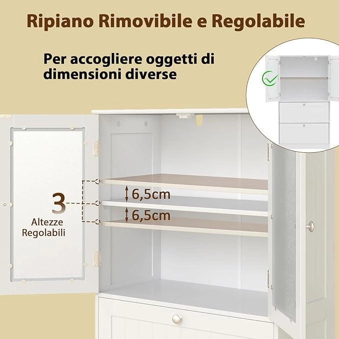 Armadio da Bagno a Terra, Armadietto Autoportante con 2 Cassetti e 2 Ante in Vetro Opaco e Ripiano Regolabile, Mobile Salvaspazio per Bagno, Cucina e Salotto (Bianco, 60x30x108cm)