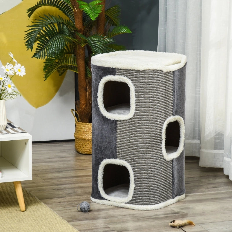 Tiragraffi per gatti a 3 livelli con fori, rivestimento in poliestere, colore grigio, 40x40x74 cm