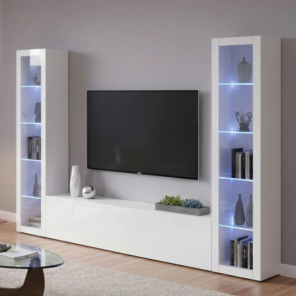 Mobile Soggiorno Leda, Parete Attrezzata 9 Ripiani Made in Italy, 260x30x180h cm Bianco Lucido