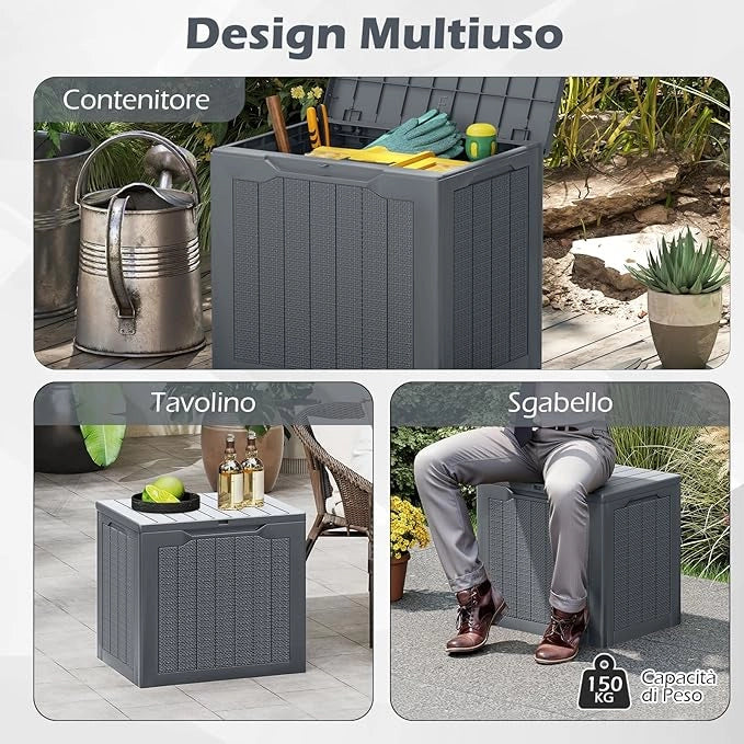 Baule da Esterno 96 L, Cassapanca Contenitore con Coperchio Bloccabile e Tessitura in Vimini, per Giardino e Cortile, 56 x 41 x 50,5 cm (Grigio)