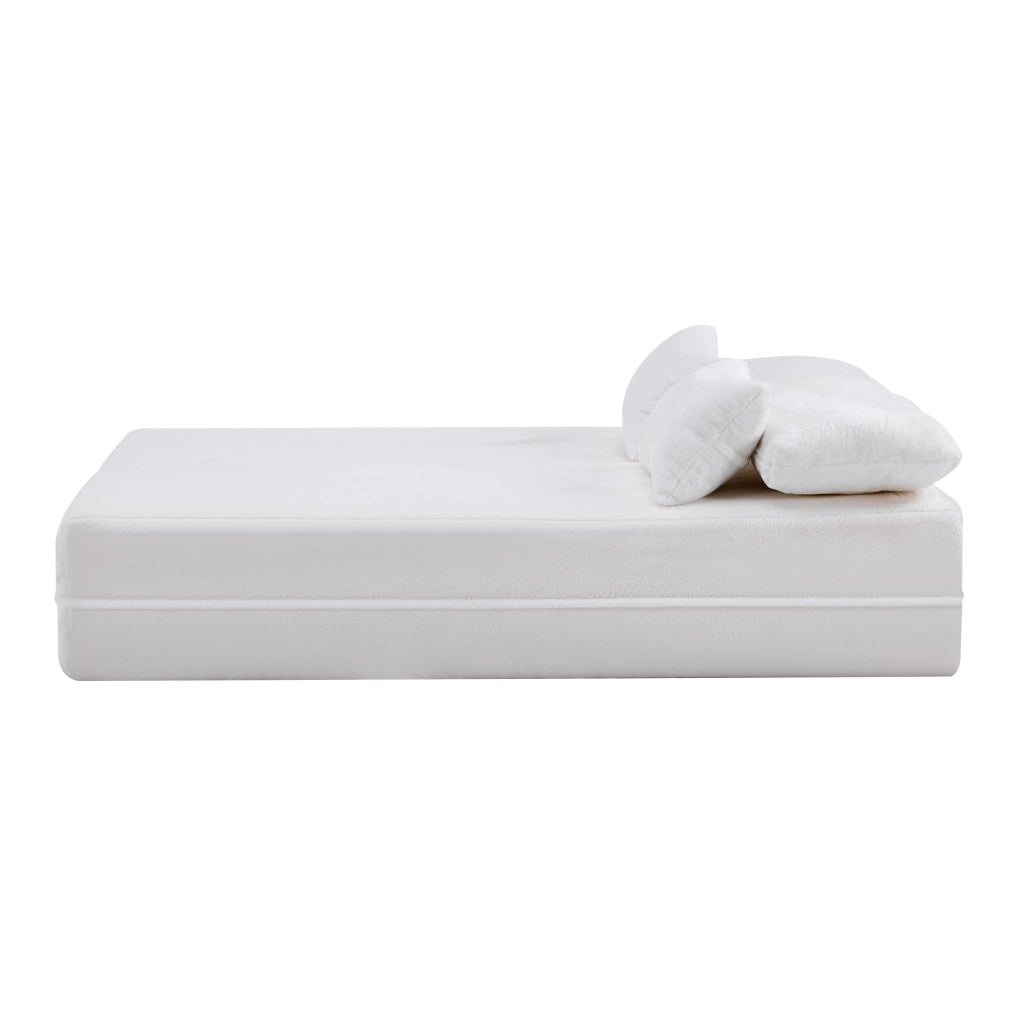 Divano modulare convertibile moderno con funzione letto e cuscino, per soggiorno e ospiti, in schiuma e molle bianco