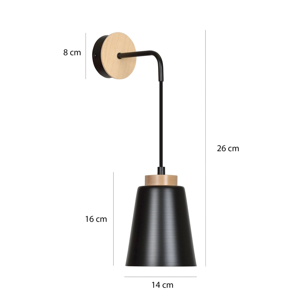 Applique 1 Luce Bolero A Cono In Acciaio Nero E Legno Naturale