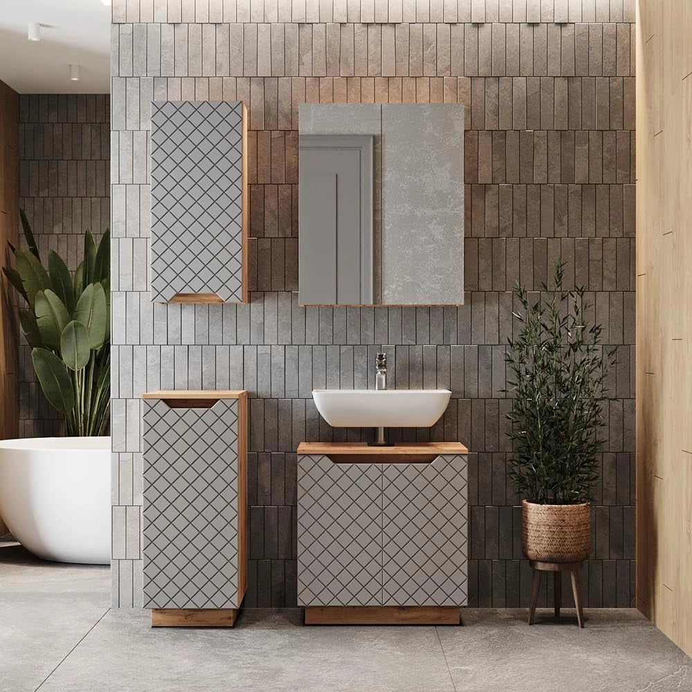 Set di mobili da bagno Lotta, Rovere/grigio con struttura in piastrelle, 4 parti