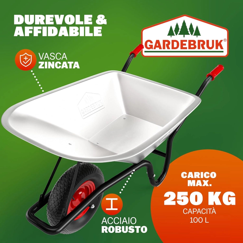 Carriola da Giardino 100 Litri 250kg Acciaio Zincato Manici Gommati Ergonomici Carriole per Fiori Carriola da Costruzione Trasporto Legna