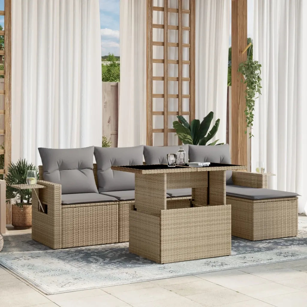 Set Divano da Giardino 6 pz con Cuscini Beige in Polyrattan