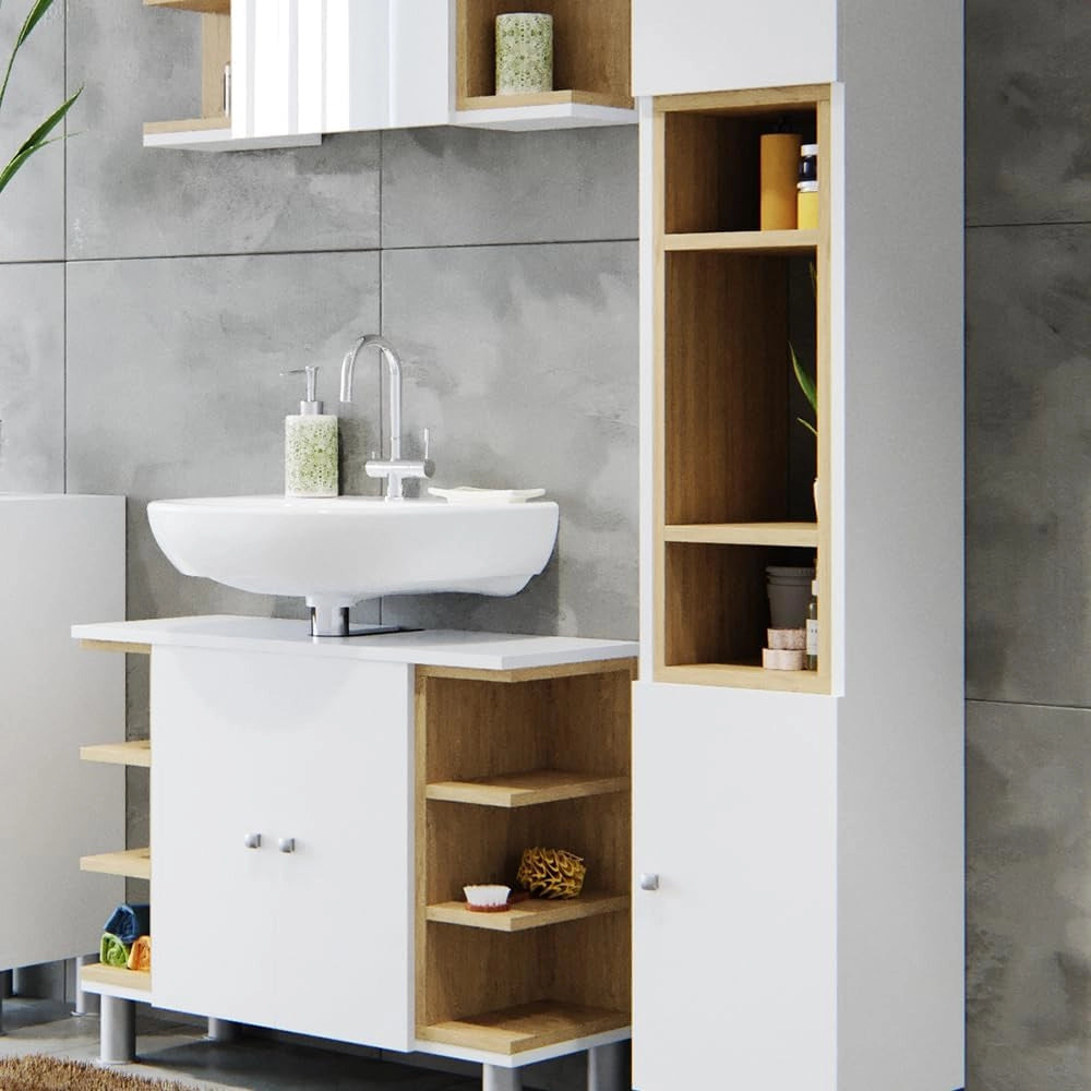 Set mobili bagno Aquis, Bianco, 79.6 cm, composto da mobile sottolavabo, specchiera e colonna alta