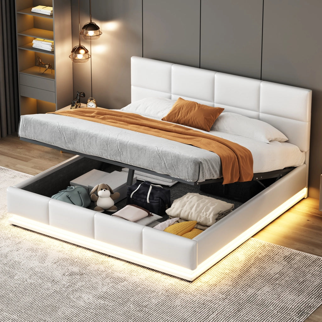 Letto imbottito matrimoniale 160×200 cm con LED e contenitore; rete inclusa; senza materasso; bianco