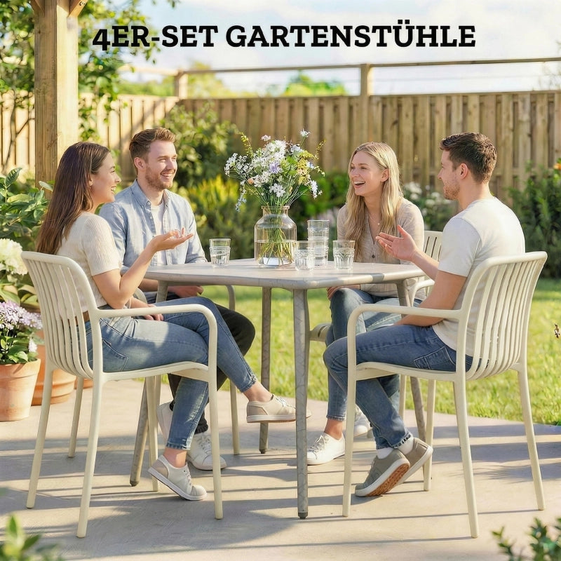 Set di 4 sedie da giardino impilabili con braccioli, design a lamelle, ergonomiche, bianco crema