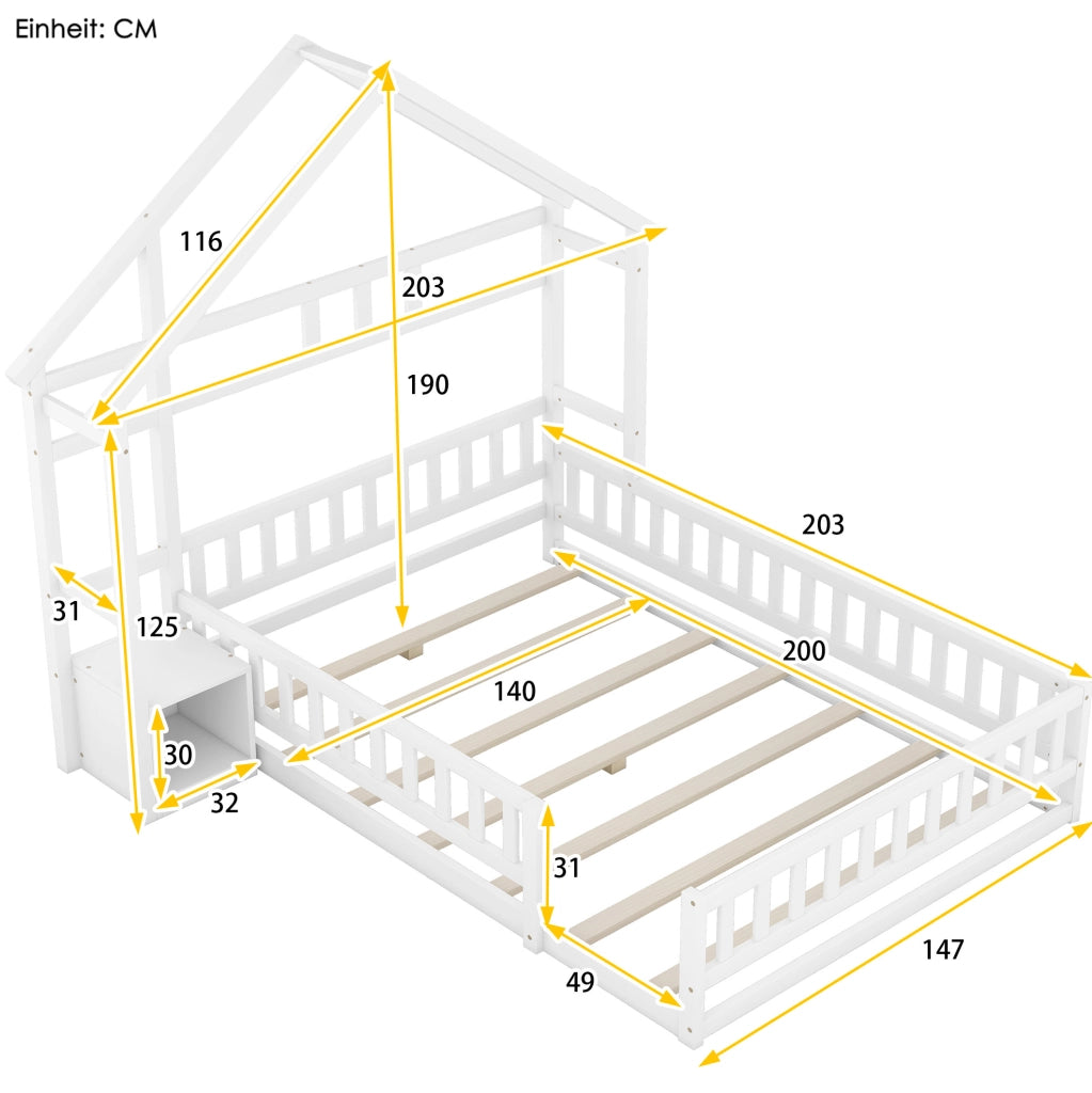 Letto a casetta in legno con sponda e comodino, 140 x 200 cm, bianco