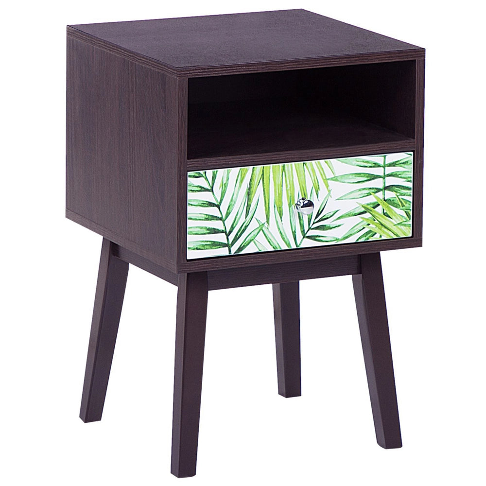 Comodino in Legno Scuro con Motivo Floreale 1 Cassetto Realizzato in Legno Design Moderno
