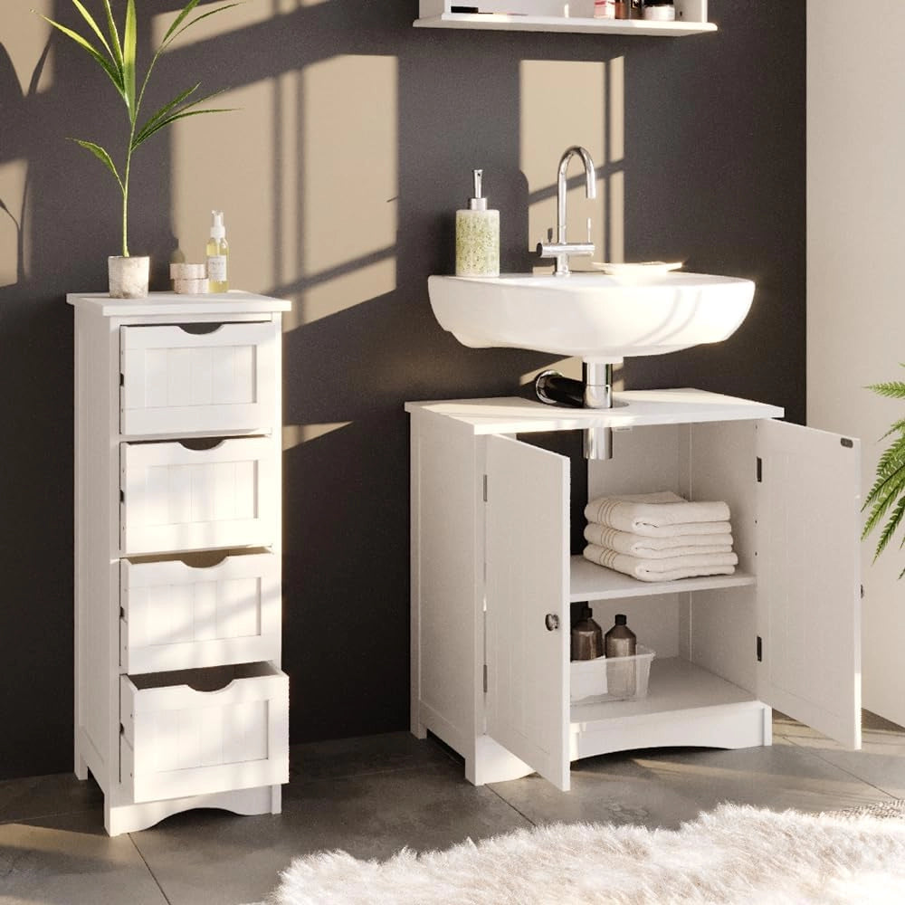Cassettiera da bagno Bianco, Grigio, 30 x 81 cm, combinabile con altri mobili della serie Bianco