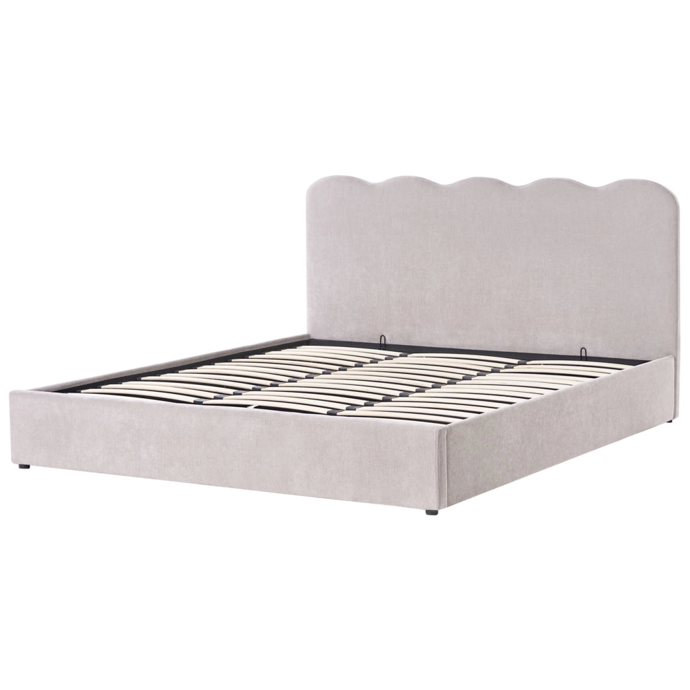 Letto in tessuto di ciniglia imbottito color tortora 180 x 200 cm contenitore elevabile con testiera e rete a doghe