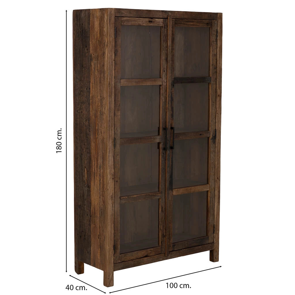 Vetrina artigianale in legno con 2 ante marrone, 100x40x180h cm