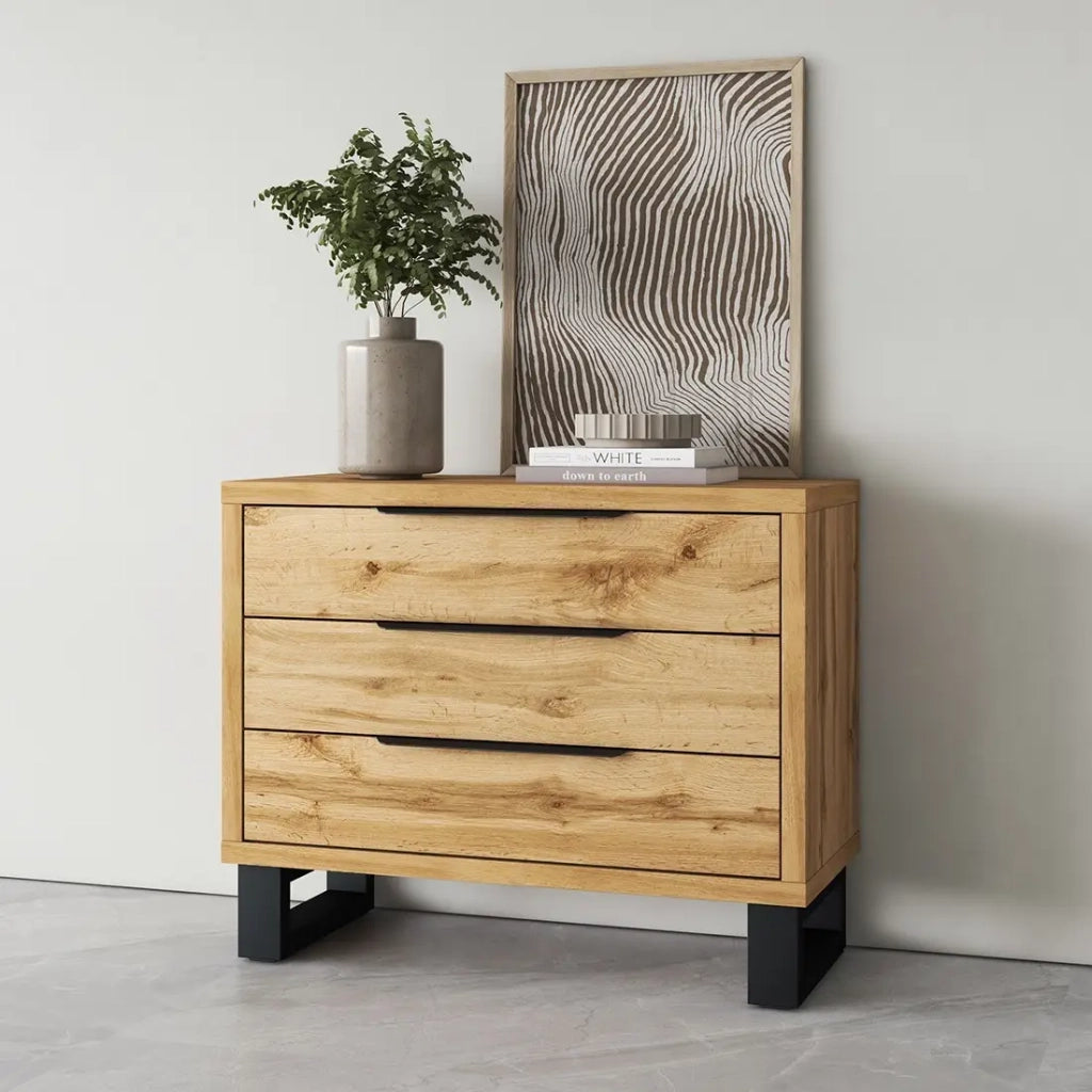 Cassettiera MILOS – 3 cassetti stile industriale rovere grezzo e nero