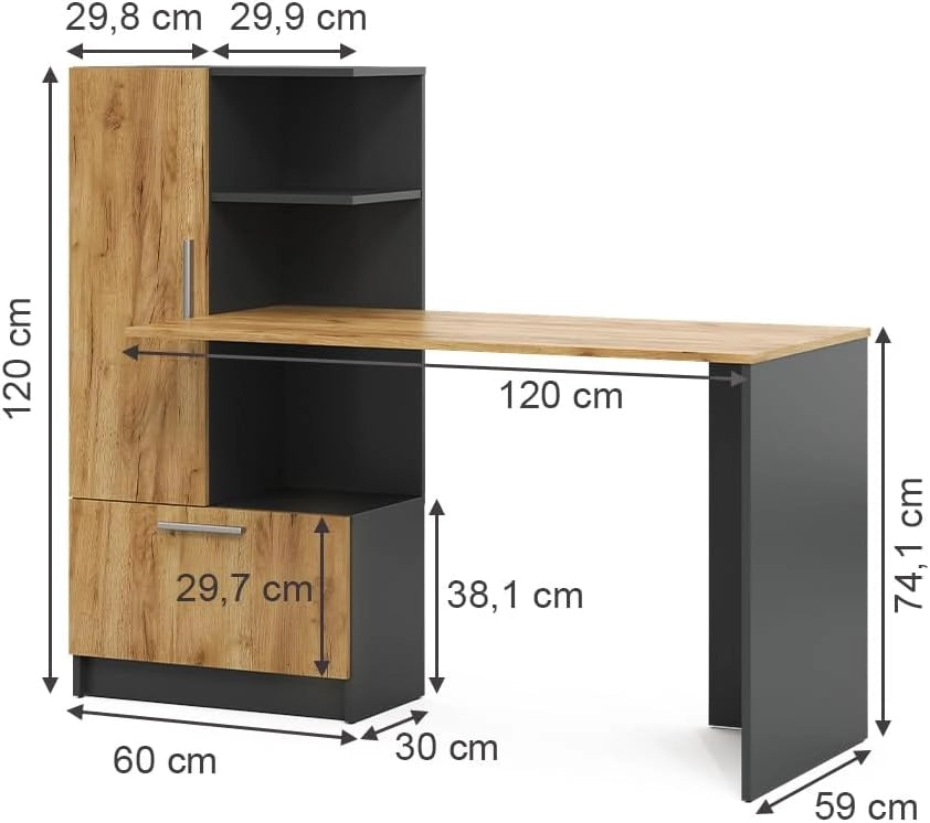 Scrivania Tomy, Antracite/quercia dorata, 150 x 59 cm