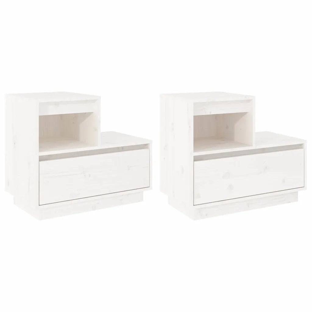 Set di 2 Comodini | Armadio da Notte | Mobiletto da notte Bianchi 60x34x51 cm in Legno Massello di Pino